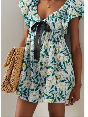 Agua by Agua Bendita Blue Floral Mini Dress with Green Leaves and Yellow Blooms